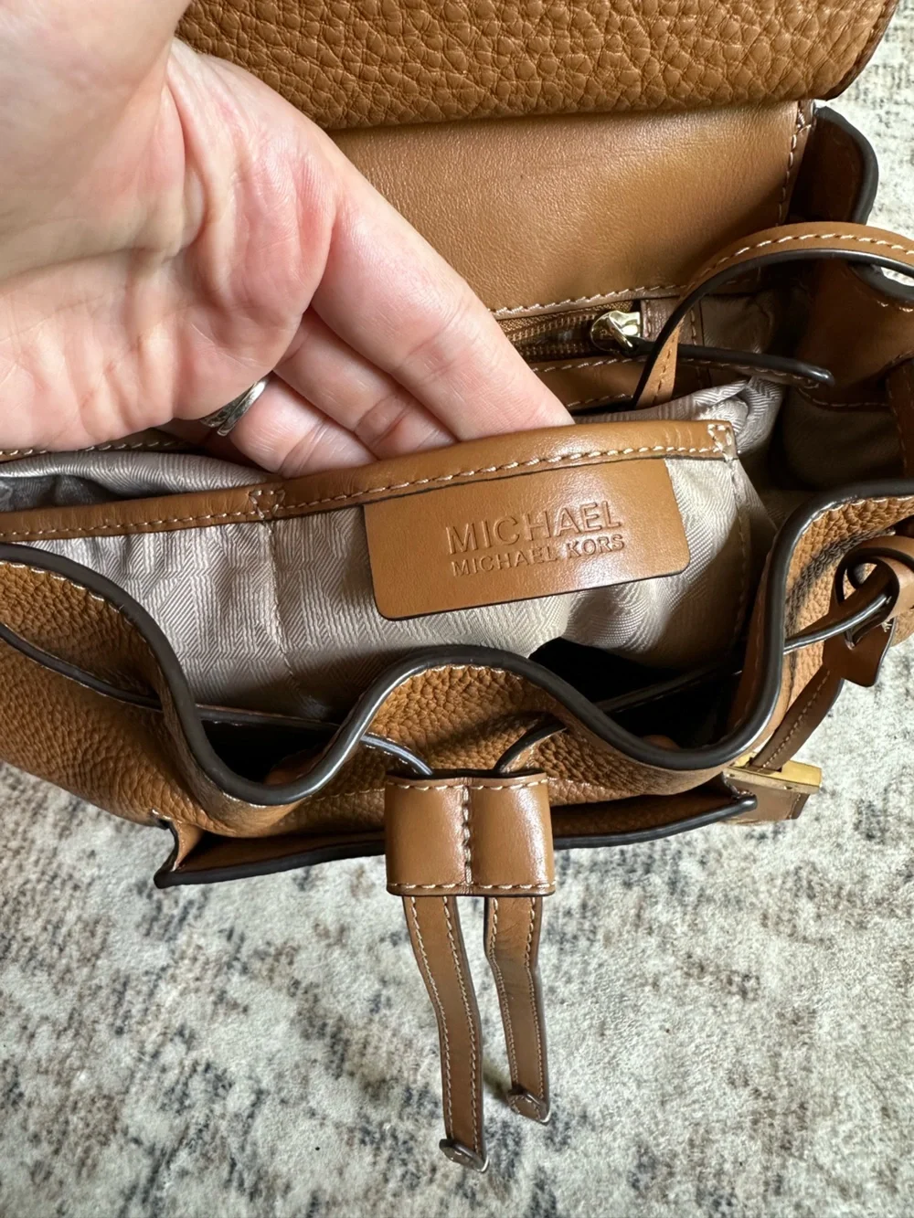 Michael Kors Romy Backpack Acorn Brown Pebbled‎ Leather Medium Drawstring Bag